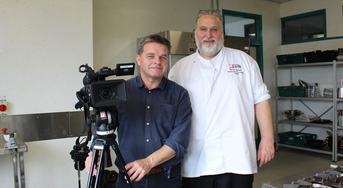 GB News Journalist Dougie Beattie with SERC Lecturer and Chef Brian Magill in Bangor Campus training kitchen
